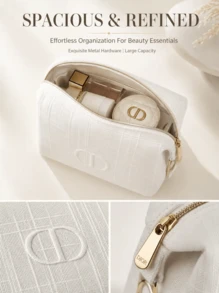 Túi đựng mỹ phẩm vuông Dior màu kem họa tiết kẻ caro vải lanh dập nổi CD, túi đựng đồ vệ sinh cá nhân du lịch, túi đựng trang điểm cầm tay, túi xách thời trang, quà tặng hoàn hảo - Túi vải cotton linen kẻ caro màu trắng - Xem 3