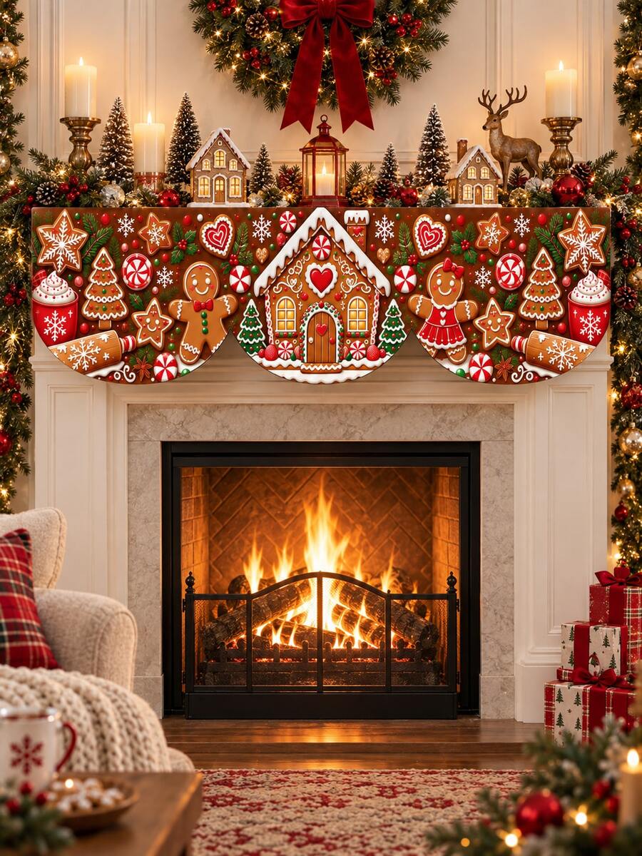 1pc Christmas Fireplace Scarf, Gingerbread House Gingerbread Man Candy Snowflake Holiday Print, Wavy Edge Fireplace Mantel Decor Cloth, Red Brown Christmas Dessert House Theme, Suitable For Living Room Fireplace Mantel, Christmas Party And Winter Home Decor - Multicolor - View 1