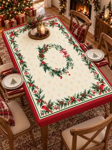 1pc Holly Cardinal Christmas Stretch Tablecloth, Cream Red Holiday Milk Silk Round & Square Fitted Table Cover With Berry Pinecone Wreath Border, Soft Elastic Protective Dining Table Decor For Xmas Dinner, Party & Winter Home - Multicolor - View 5