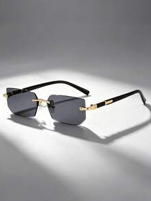 Vintage Rectangular Rimless Fashion Glasses For Men And Women, Classic Plastic Style For Outdoor Travel, Beach Vacations, Casual Decoration - Black - View 4