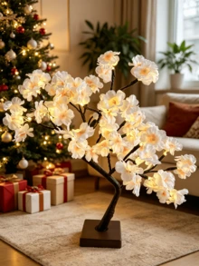 1PC 24-Light Champagne Cherry Blossom Curved Tree Light, Warm White LED, USB & Battery Dual Power, Desktop Ambient Night Light, Room Decor, Birthday Gift, Home Decoration Light - Yellow - View 8