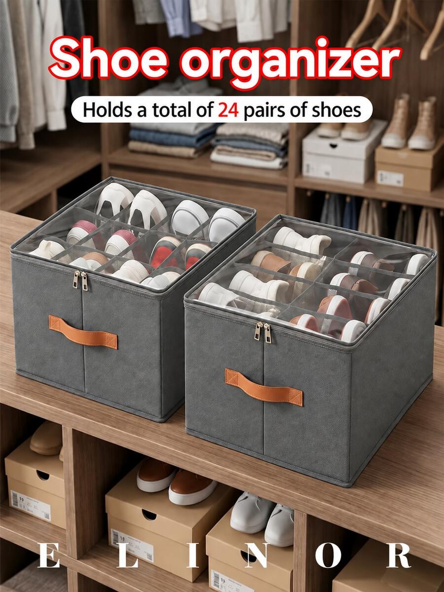 XD Rak Sepatu Lemari dengan Kotak Penyimpanan Kain, Tutup Transparan dan Rak yang Dapat Diatur, Mampu Menampung Hingga 24 Pasang Sepatu, Desain Lipat Hemat Ruang, Cocok Sebagai Hadiah Hari Thanksgiving/Hari Valentine