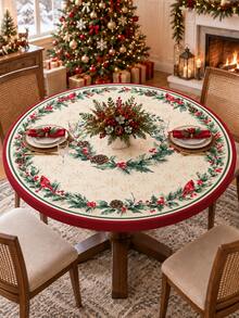 1pc Holly Cardinal Christmas Stretch Tablecloth, Cream Red Holiday Milk Silk Round & Square Fitted Table Cover With Berry Pinecone Wreath Border, Soft Elastic Protective Dining Table Decor For Xmas Dinner, Party & Winter Home - Multicolor - View 1