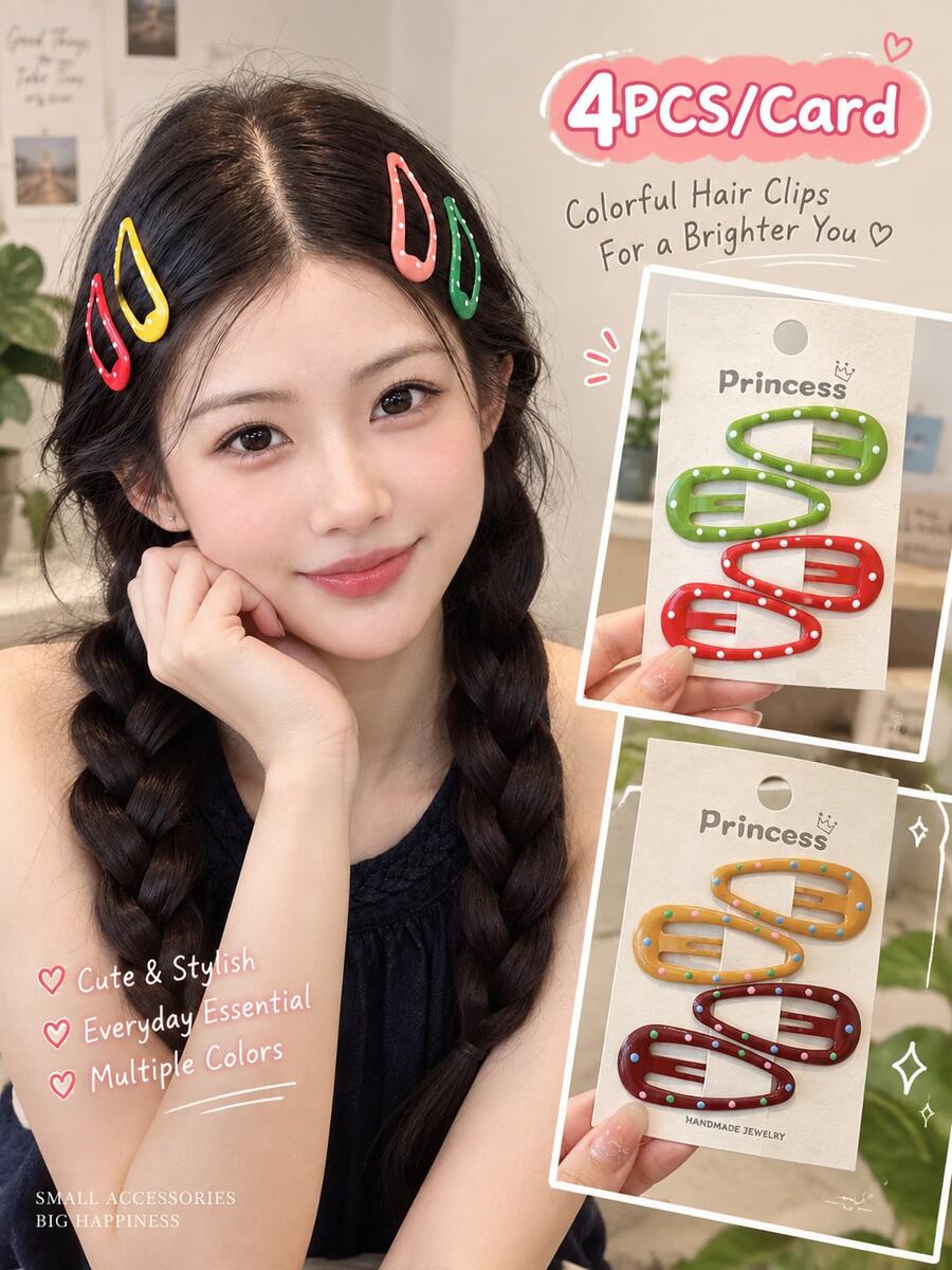 4PCS Cute Colorful Polka Dot Hollow Waterdrop Snap Hair Clips For Women, Dopamine Side Bangs Hairpins For Daily Styling