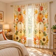 2pcs Autumn Harvest Pumpkin Maple Leaf Sunflower Pattern Printed Semi-Sheer Curtains, 90GSM Polyester Fiber Semi-Sheer Privacy Protection, Easy Installation, Quick Dry, Washable And Fade-Resistant, Lightweight Removable Curtains, Suitable For Home, Room, Kitchen And Other Partitions Or Decoration - Multicolor - View 1