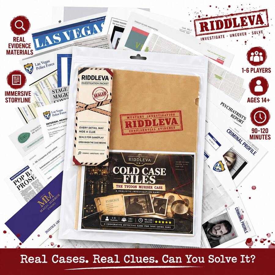 RIDDLEVA Cold Case Files Tycoon 未解之謎偵探桌上遊戲 沉浸式推理謎題遊戲 1-6人合作犯罪破案桌遊 萬聖節派對聖誕禮物家庭遊戲