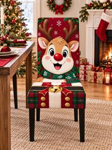 Multi-Piece Christmas Chair Cover Set, Cute Red-Nosed Reindeer Snowflake Plaid Gift Box Print Chair Back And Seat All-In-One Protective Cover, Suitable For Winter Kitchen, Dining Room, Home Gathering And Christmas Party Decoration - Multicolor - View 8