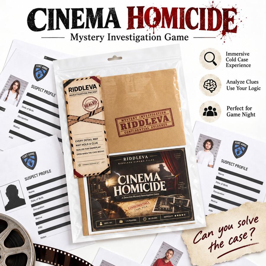 RIDDLEVA Cinema Cold Case 偵探推理桌遊 案件調查線索解謎遊戲 1-6人對戰 多人互動派對遊戲 適合家庭朋友 萬聖節聖誕禮物