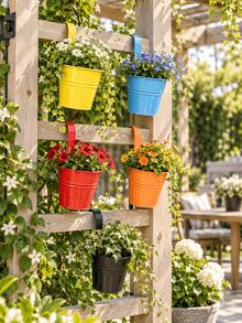 1/5/10pcs Colorful Hanging Iron Flower Pots, Railing Hook Planters, Iron Hanging Planting Pots, Suitable For Balcony Garden Yard Fence Hedge Decoration, Outdoor Home Gardening Landscape Decor, Garden Backdrop Photography Props - A - View 6