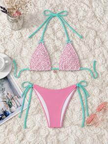 Summer Pink & White Floral Contrast Tie-Up Triangle Cup Bikini, Sexy Style Vacation Swimsuit - Multicolor - View 2