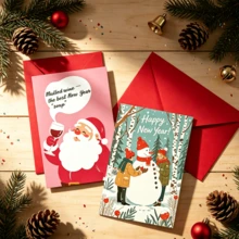 10Pcs Christmas & Happy New Year Greeting Cards With Red Envelopes, Assorted Cute Cartoon Xmas Folded Note Cards, Holiday Handwritten Blessing Cards For Family Friends Gift - Multicolor - View 2