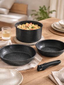 4-Piece Cast Iron Skillet And Wok Cookware Set, Non-Stick Stackable Pots With Detachable Handles, Suitable For Gas, Electric, Ceramic And Induction Cooktops, Space-Saving Oven- Kitchen Cookware For Daily Home Cooking - View 7