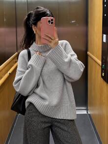 1件純色羅紋針織圓領毛衣，適合辦公室、居家、日常穿著，秋季女款粉色冬季毛衣，女裝冬季穿搭 - 花灰色 - 查看 3