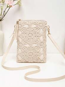 Women's Boho Crochet Floral Crossbody Phone Bag, Lightweight Slim PU Leather Shoulder Purse With Tassel, Zipper Closure And Adjustable Strap - Apricot - View 6