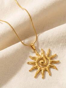 1pc Fashion Vintage Swirl Sun Necklace, Retro Style Jewelry Gift, Suitable For Women's Daily Wear - Yellow Gold - View 3