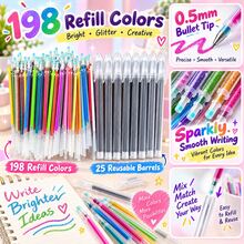 223-Piece Glitter Gel Pen Set, 25 Clear Pen Barrels + 198 Color Refills, 0.5mm Bullet Tip, Sparkling Multicolor Writing Pens For Journaling, Notes, Cards, Planners & DIY - 198 Refills + 25 Empty Pen Barrels - View 9