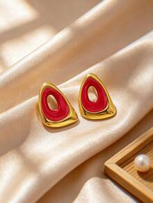 Asymmetrical Hollow Triangle Enamel Stud Earrings, Stainless Steel Textured Geometric Exaggerated Women's Ear Jewelry, Hypoallergenic Fade-Resistant, Fashionable Versatile, Suitable For Various Occasions - Multicolor - View 12