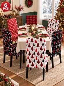 1/6pcs Christmas Chair Covers, Vintage Red & Black Plaid Reindeer Candy Cane Christmas Tree Pattern Polyester Removable Washable Chair Protector, Suitable For Christmas Dinner, New Year Celebration, Party Decoration - B - View 10