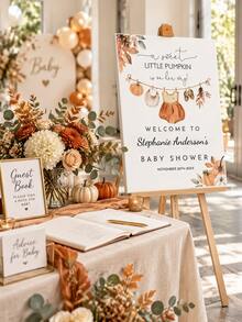 Personalized Baby Baptism Canvas Welcome Sign, Customized Name & Date Autumn Pumpkin Theme Baby Baptism Decor, Thanksgiving Party Mom-To-Be Welcome Sign, Newborn & Family Celebration, Unframed Poster - Multicolor - View 6