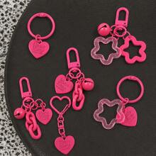 14 Pcs Y2K Rose Red Heart + Hollow Star Keychain, Earphone Accessory Decorative Pendant Letter Tag Bell Bag Charm, Cute Alloy Key Pendant, Suitable For Backpack, Car Keys, Girls Gift - Magenta Set - View 3