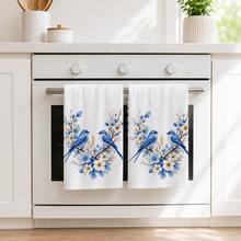 2pcs/Pack White Blue Bird & Floral Pattern Towels, Fresh Nordic Country Style Soft Absorbent Fabric Rectangular Kitchen Hand Towels, Blue Bird, Blue Flower, White Petal & Leaf Print Details, Elegant Natural Plant Theme Design, Suitable For Spring Kitchen, Dining Room, Country Home And Daily Decor. - Multicolor - View 1