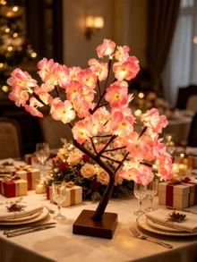 1PC 24-Light Cherry Blossom Glowing Tree Lamp, 3 AA Batteries/USB Dual Power Supply, LED Warm Color Flower Light, Bedside/Homestay/Desktop Decorative Ornament, Romantic Atmosphere Decor Light - Warm white light - View 2
