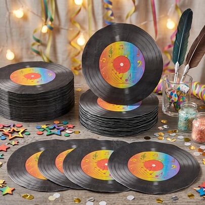 20/40/60 Pcs Black Vinyl Record Shape Rainbow Note Printed Disposable Napkin, Double 13-Inch Music Theme Napkin, Suitable For Rock Concert, Disco Night, Music Festival, Singer Birthday Party, Retro Music Event Table Decoration Supplies