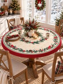 1pc Holly Cardinal Christmas Stretch Tablecloth, Cream Red Holiday Milk Silk Round & Square Fitted Table Cover With Berry Pinecone Wreath Border, Soft Elastic Protective Dining Table Decor For Xmas Dinner, Party & Winter Home - Multicolor - View 3