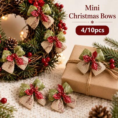 4/10pcs Mini Christmas Bows, Rustic Style Christmas Tree Decoration Bows, Suitable For Christmas Tree Decor, Christmas Wreaths, Gift Wrapping, Gift Boxes, Weddings And New Year, Indoor Home Holiday Party Decor, Multi-Scene Holiday Decoration Bows, Holiday Decoration Supplies, Home Decor Enthusiast Christmas Gift Box Packaging Accessories