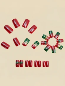 24 Pieces Red And Green Gift Box Bow-Patterned Polka Dot Christmas Holiday Nail Art - Long Style Oval-Shaped Wearable Nail Art - Red - View 3