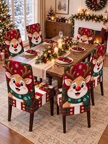 Multi-Piece Christmas Chair Cover Set, Cute Red-Nosed Reindeer Snowflake Plaid Gift Box Print Chair Back And Seat All-In-One Protective Cover, Suitable For Winter Kitchen, Dining Room, Home Gathering And Christmas Party Decoration - Multicolor - View 10