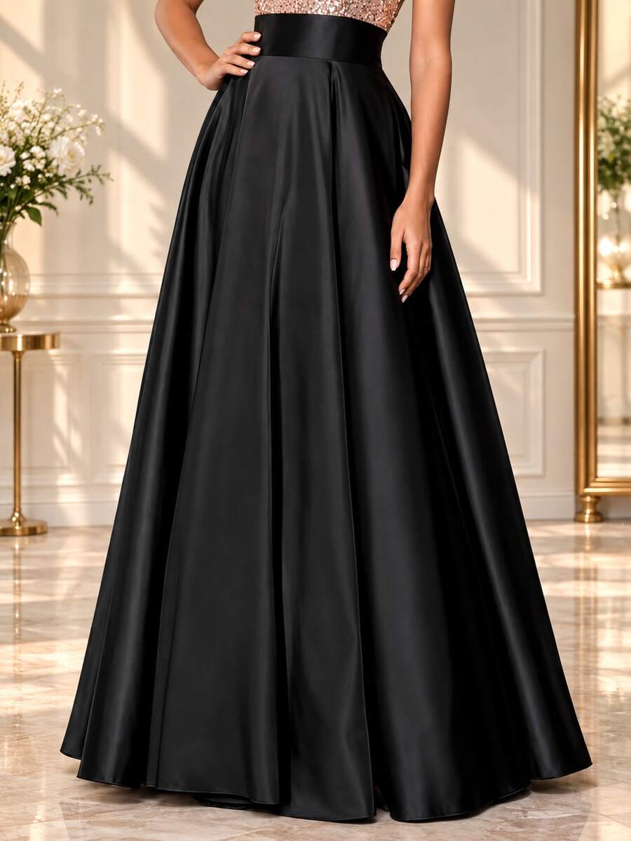 Autumn/Winter Elegant Women's Long Black Woven A-Line Full Skirt, Suitable For Formal Occasions, Balls Or As Evening Gown Bottom, Minimalist Satin Evening Skirt For Annual Meeting, Banquet, Versatile Fashion Pleated Skirt - Black - View 1