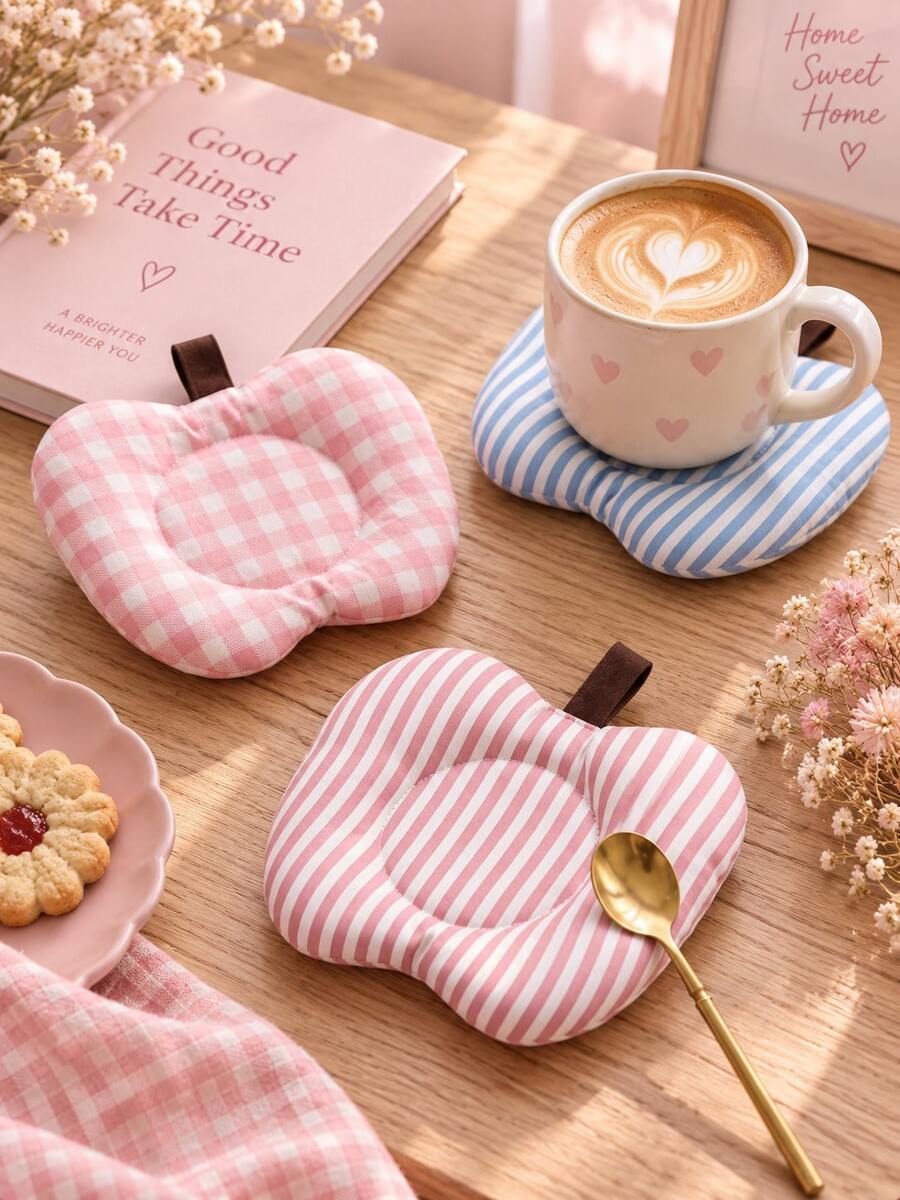 1Pc Apple Shaped Quilted Coaster Set, Gingham Plaid Striped Heat Resistant Non-Slip Padded Drink Mat, Cotton Fabric Coffee Tea Mug Pad With Hanging Tab, Aesthetic Fall Home Kitchen Dining Decor, Holiday Gift For Christmas Thanksgiving & Daily Use - Multicolor - View 1