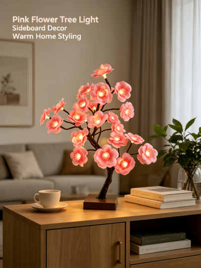 1PC Peach Blossom Shaped LED Tree Light 24 Beads Dual Power USB Battery Box Super Bright Warm Light Artificial Flower Tree Light Home Desktop Decoration Birthday Gift Ornament