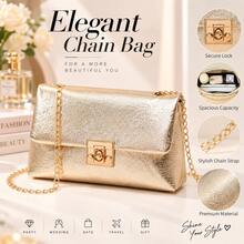 Women's Metallic Gold Chain Crossbody Bag, Shiny Envelope Clutch Purse, Elegant Shoulder Bag For Wedding, Party, Prom, Evening & Date Night - Gold - View 1