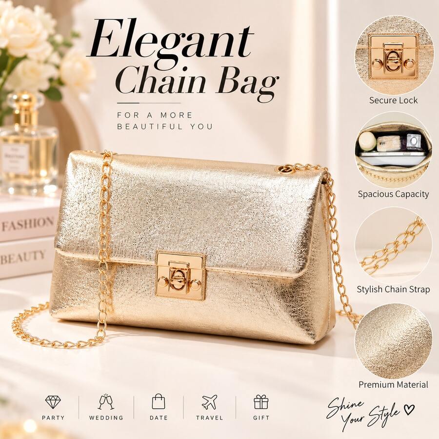 Women's Metallic Gold Chain Crossbody Bag, Shiny Envelope Clutch Purse, Elegant Shoulder Bag For Wedding, Party, Prom, Evening & Date Night - Gold - View 1