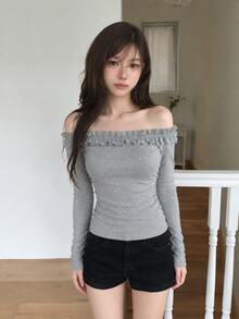Korean Style Women's Cold Shoulder Ruffle Long Sleeve Top, Knitted Fabric, Slightly Elastic, Regular Fit, Suitable For Autumn Wear - Grey - View 8