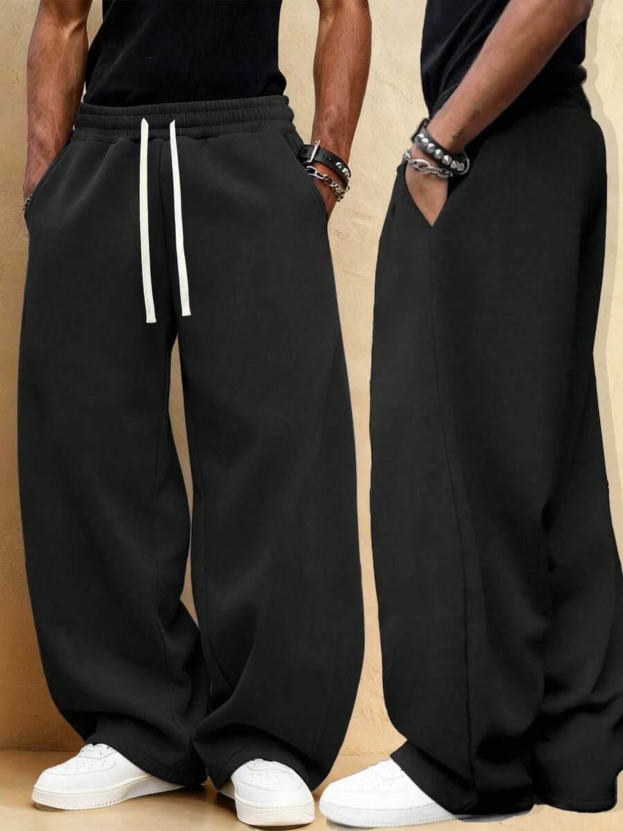Men's Casual Autumn/Winter Thermal Lined Long Pants. Drawstring Minimalist Design. Side Pockets - Convenient For Carrying And Storage Sports Black - Black - View 1