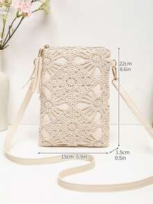 Women's Boho Crochet Floral Crossbody Phone Bag, Lightweight Slim PU Leather Shoulder Purse With Tassel, Zipper Closure And Adjustable Strap - Apricot - View 3