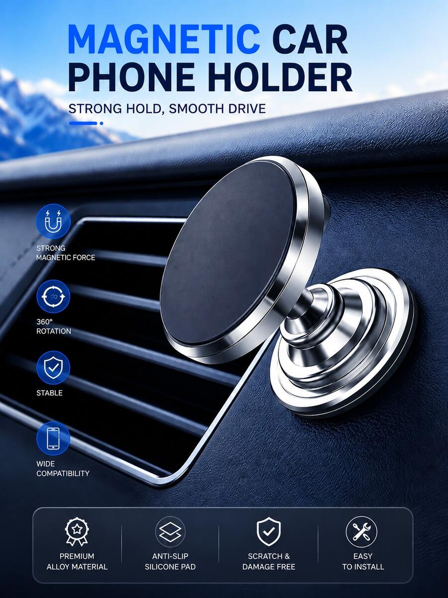 Dudukan Ponsel Magnetik Universal dengan Putaran 360°, Dilengkapi dengan Bantalan Perekat Tebal dan Pelat Magnetik, Dapat Menempel Kuat pada Permukaan Datar Apa Pun.