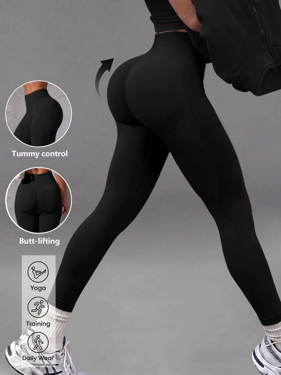 Solid Color High Waist Seamless Sports Leggings Black Autumn