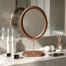 1pc Bedroom Vintage Desktop Mirror Solid Wood Makeup Mirror Home Desktop Wooden Chinese Style Standing Rotatable Dressing Mirror Suitable For Multiple Scenes - Multicolor - View 2