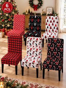 1/6pcs Christmas Chair Covers, Vintage Red & Black Plaid Reindeer Candy Cane Christmas Tree Pattern Polyester Removable Washable Chair Protector, Suitable For Christmas Dinner, New Year Celebration, Party Decoration - B - View 9