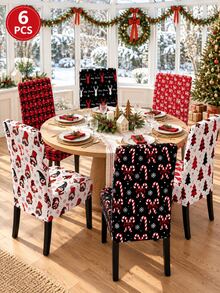 1/6pcs Christmas Chair Covers, Vintage Red & Black Plaid Reindeer Candy Cane Christmas Tree Pattern Polyester Removable Washable Chair Protector, Suitable For Christmas Dinner, New Year Celebration, Party Decoration - B - View 8