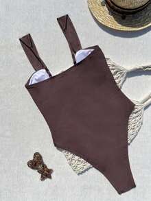 1 pieza Traje de baño de una sola pieza para mujer con forro, diseño de tirantes anchos minimalista y elegante, tonos de color retro que irradian un encanto maduro para vacaciones, playa y verano - Café integral - Ver 5
