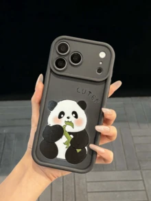 Pc Cute Cartoon Panda Eating Bamboo TPU Phone Case With Large Camera Window Cutout, Printed "CUTE!" Letter Pattern, Slim Matte Surface, Suitable For Daily Use And As A Sweet Gift For Friends, Mom And Bestie, Compatible: Apple11,13,Apple16 Pro Max,Apple17,14 Pro Max,Apple15,14,17 Pro Max,18 Pro Max,Honor400,, - Black - View 1