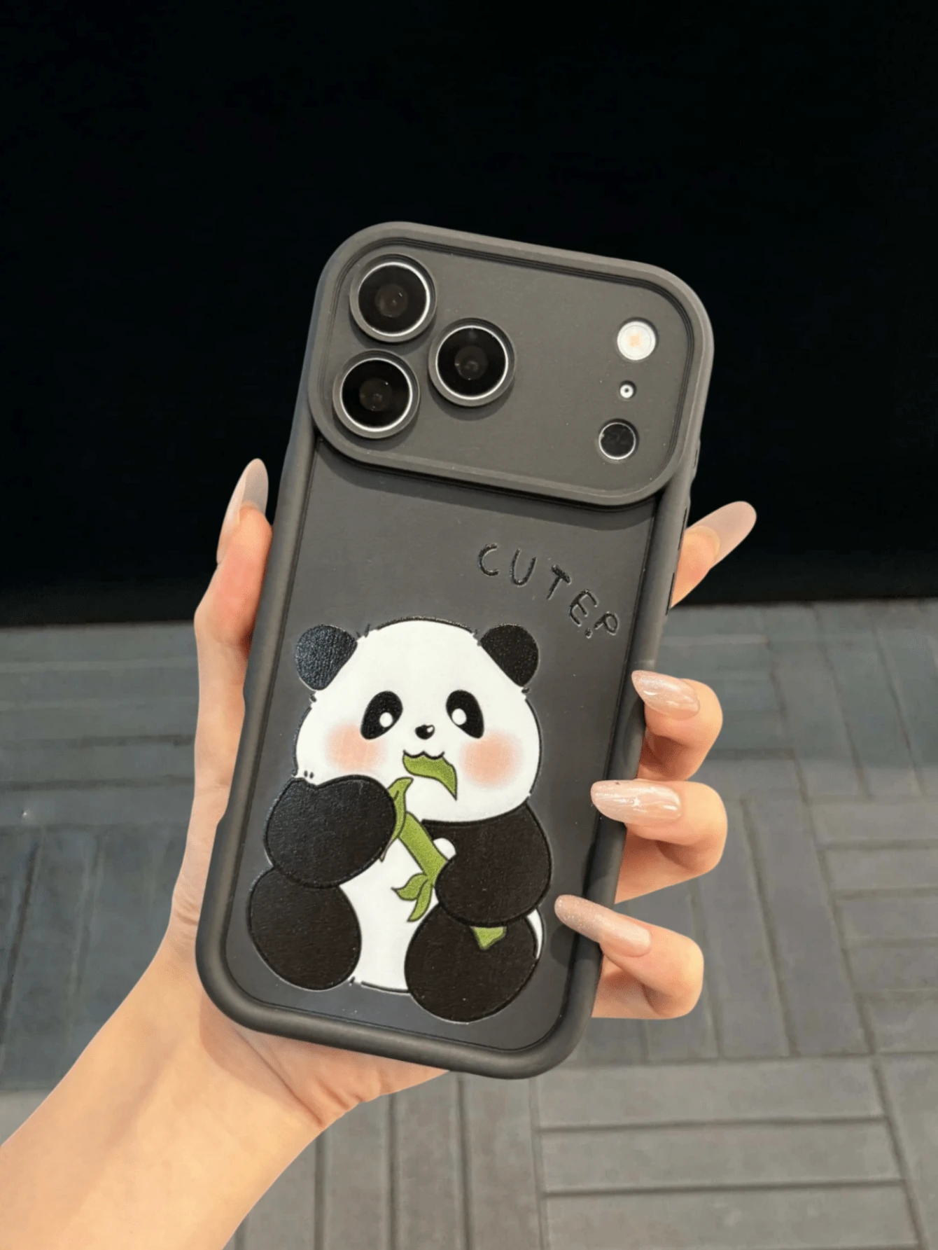 Pc Cute Cartoon Panda Eating Bamboo TPU Phone Case With Large Camera Window Cutout, Printed "CUTE!" Letter Pattern, Slim Matte Surface, Suitable For Daily Use And As A Sweet Gift For Friends, Mom And Bestie, Compatible: Apple11,13,Apple16 Pro Max,Apple17,14 Pro Max,Apple15,14,17 Pro Max,18 Pro Max,Honor400,, - Black - View 1
