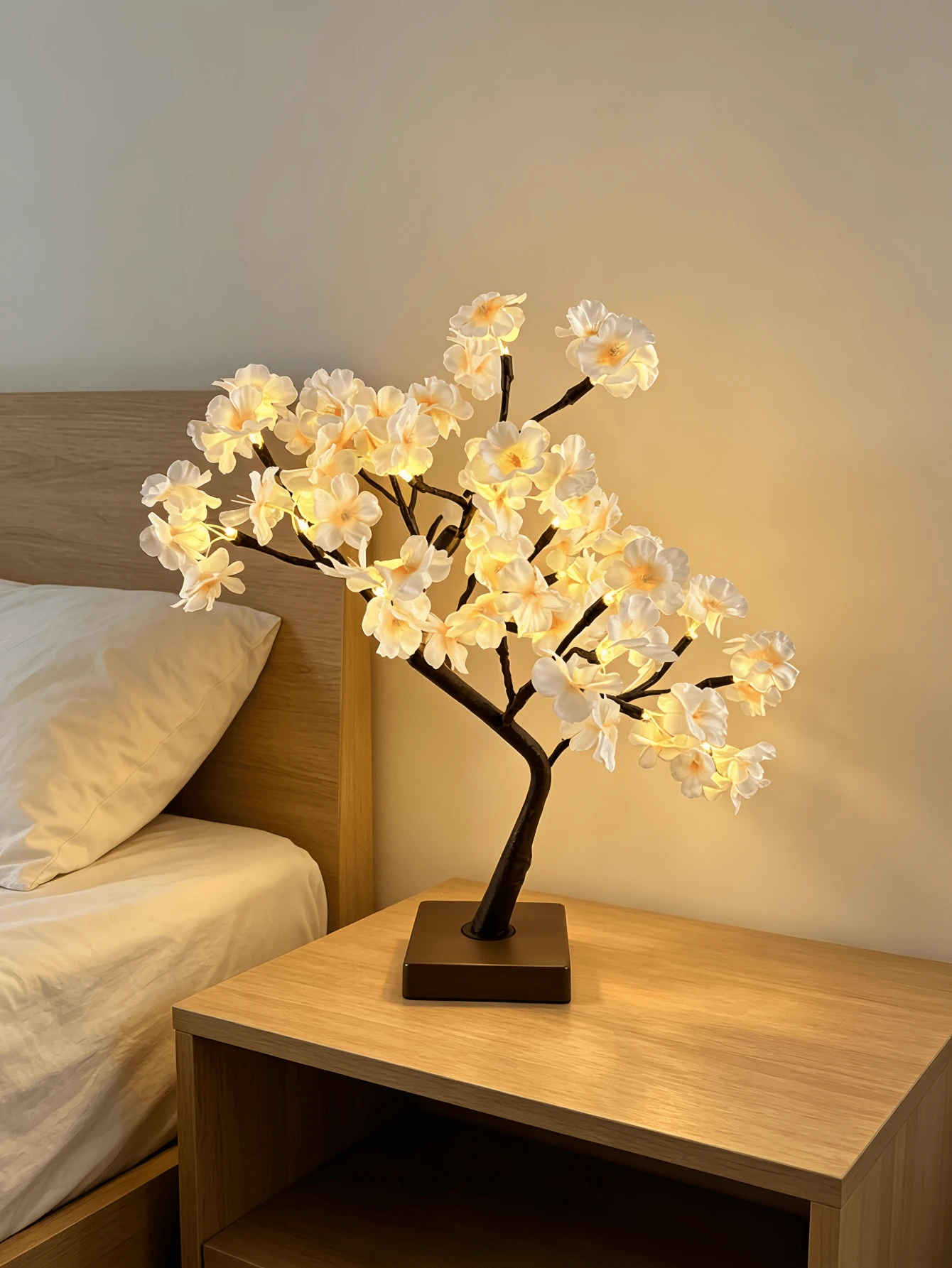 1PC 24-Light Champagne Cherry Blossom Curved Tree Light, Warm White LED, USB & Battery Dual Power, Desktop Ambient Night Light, Room Decor, Birthday Gift, Home Decoration Light - Yellow - View 1