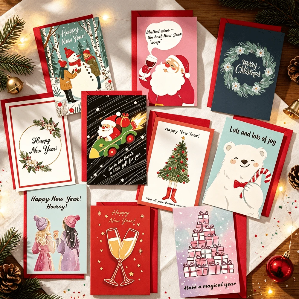10Pcs Christmas & Happy New Year Greeting Cards With Red Envelopes, Assorted Cute Cartoon Xmas Folded Note Cards, Holiday Handwritten Blessing Cards For Family Friends Gift - Multicolor - View 1