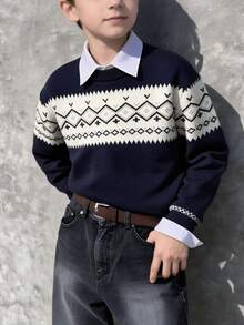 Boys Retro Fair Isle Jacquard Knit Top, Preppy Style Long Sleeve Pullover Sweater For Daily Wear - Navy Blue - View 1
